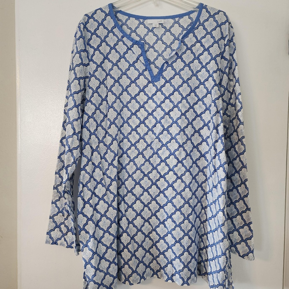 L Blue and White Lattice Long Sleeve Tunic by J Jill, Size Large